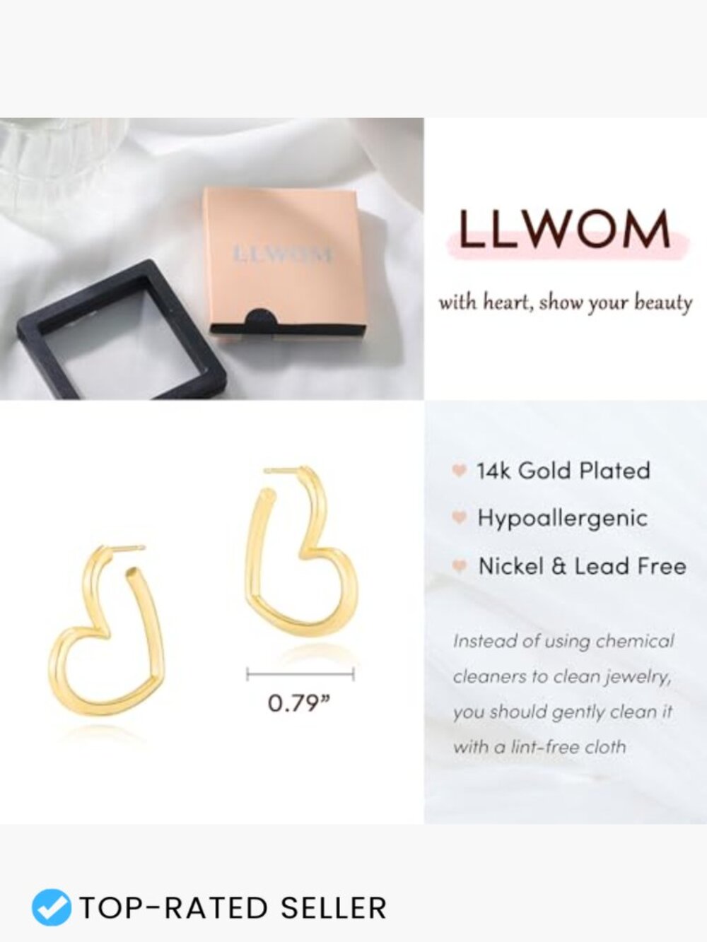 Heart Hoop Earrings Lightweight Hypoallergenic 14K Gold Plated for Women Trendy - Picture 6 of 7